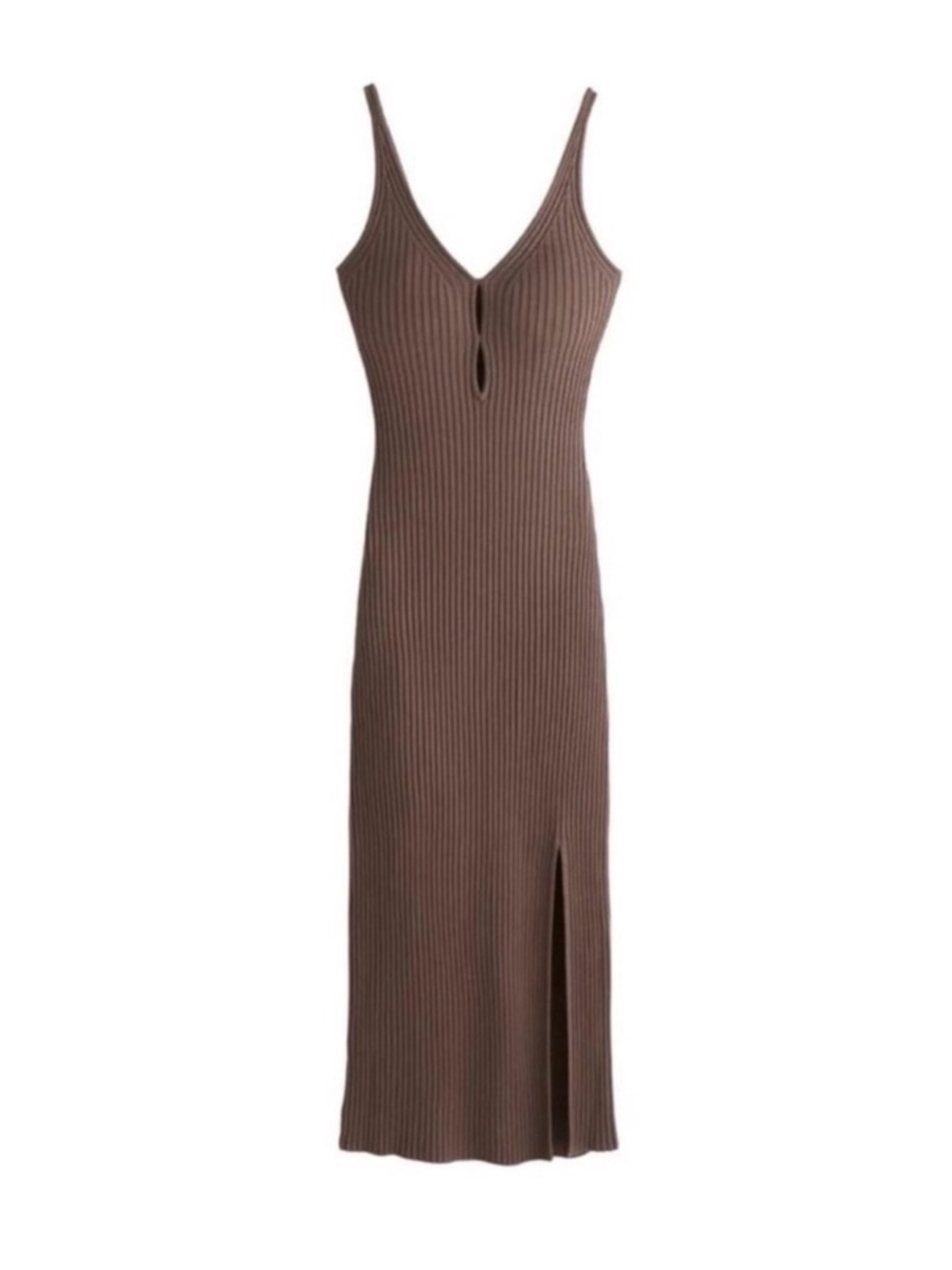 Abercrombie & Fitch Brown Ribbed Midi Slip Dress with Front Slit